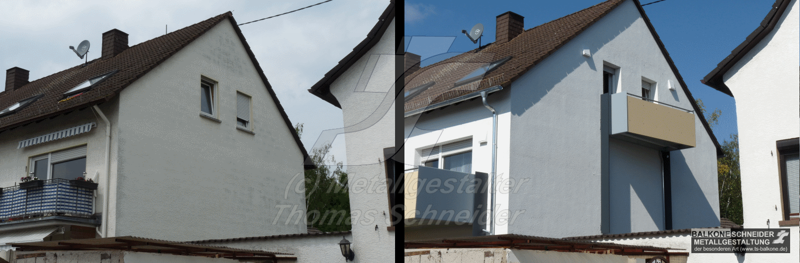 Bei diesem Balkon wurde der Wohnwert durch das Anbringung eines Balkons deutlich erhöht. Um den Abstand zum Nachbargrundstück zu wahren, wurde ein individueller Balkon mit schräger Grundfläche verwendet.<br />
<strong>Trotz thermischen Trennung konnte durch unser neues Konzept ein Balkon ohne Stützen verwendet werden.</strong> 